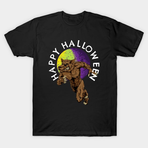 Happy Halloween Retro Werewolf Full Moon T-Shirt by PowderShot